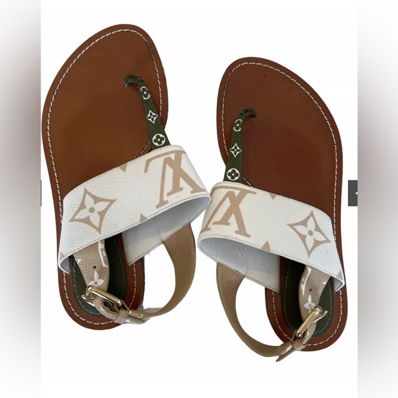 Louis Vuitton White and Tan Sandals with Monogram Print - Picture 1 of 14